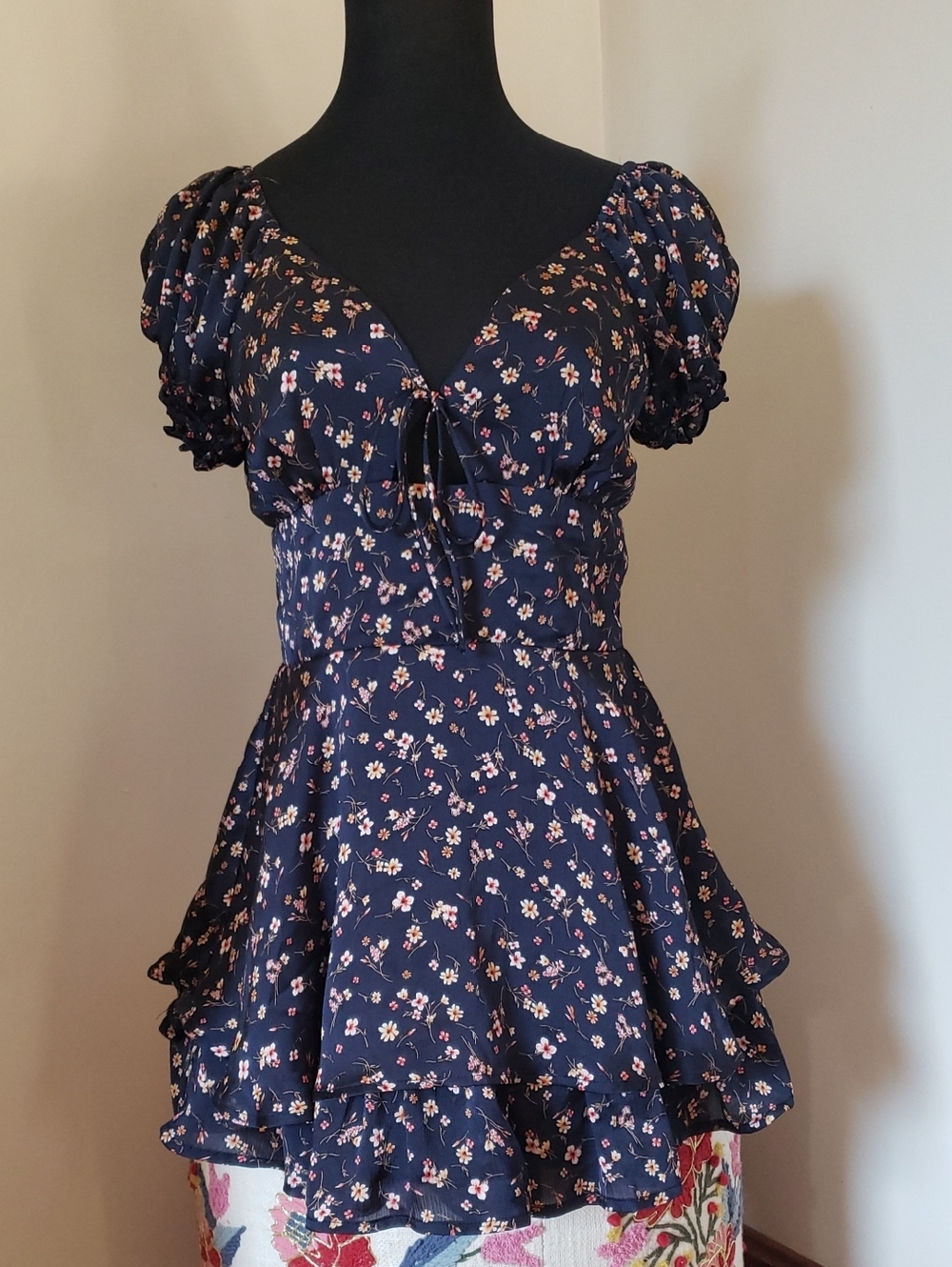 Altar'd State Navy Floral Puff-Sleeve Tie-Front Shorts Romper